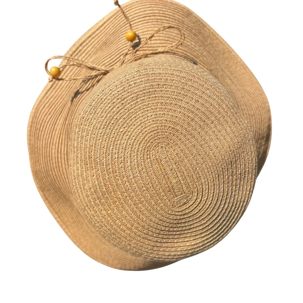 August‎ Hat Co Tan Straw Sun Hat Wide Brim Beaded Cord Summer Beach One Size